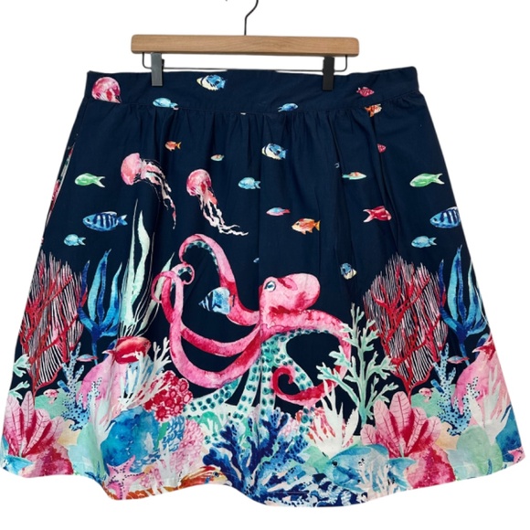 Modcloth Blue Ocean Marine Life Octopus Fish Print Mini A-Line Full Skirt Sz. 2X - Picture 14 of 15